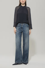 Wide sleeve silk blend blouse