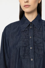 Denim Shirt Blouse with Ruffle
