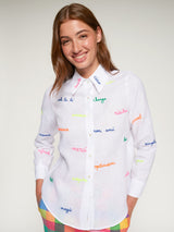 Linen shirt with wording embroidery