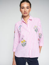 Stripe linen shirt floral embroidery