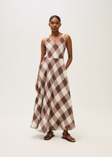 Linen Check Maxi Dress-Brown