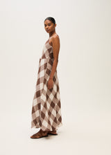 Linen Check Maxi Dress-Brown
