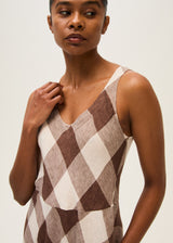 Linen Check Maxi Dress-Brown