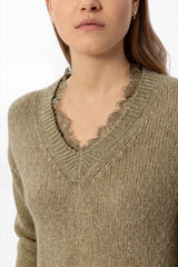 V neck sweater with lace trim