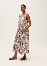Linen sleeveless dress-Brown print