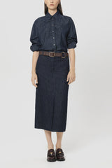 Denim Shirt Blouse with Ruffle