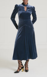 Clarice velvet split dress-Slate Blue