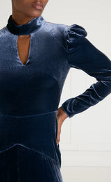 Clarice velvet split dress-Slate Blue