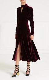 Clarice velvet split dress-Claret