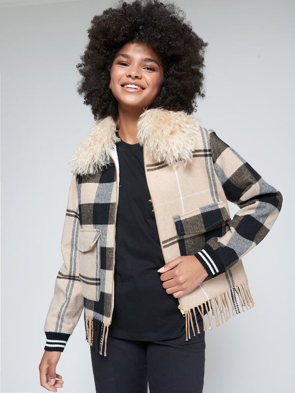 Checked Wool Bomber with Fringes