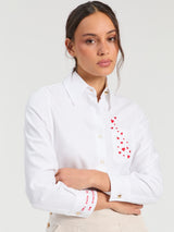 White Herringbone Shirt with Heart Embroidery