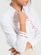 White Herringbone Shirt with Heart Embroidery