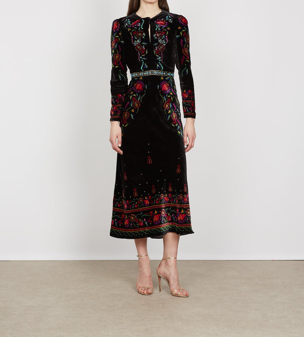Claudia printed velvet midi dress with embellishment