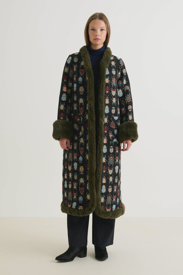 Delphia 70s Jacquard Fur Trim Coat