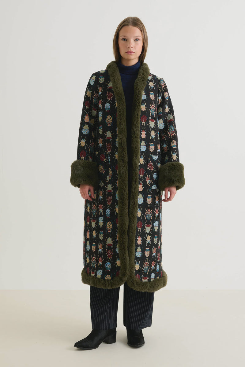 Delphia 70s Jacquard Fur Trim Coat