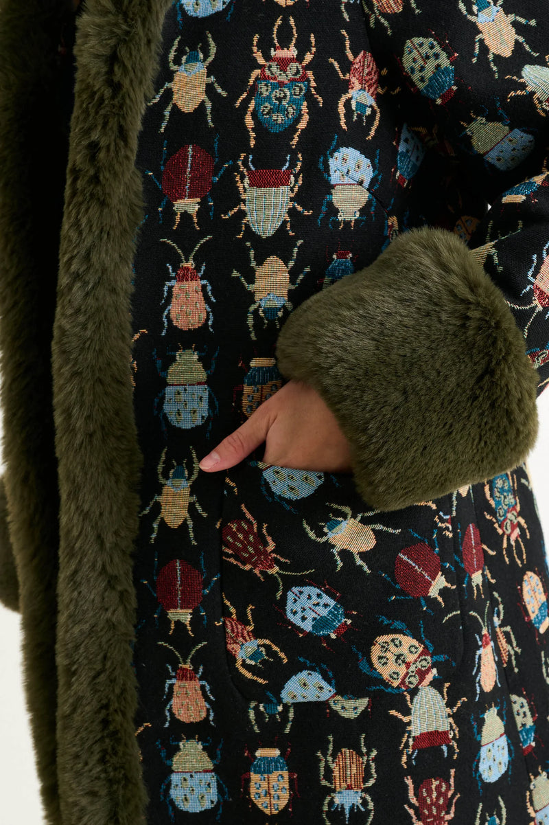 Delphia 70s Jacquard Fur Trim Coat