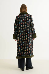 Delphia 70s Jacquard Fur Trim Coat