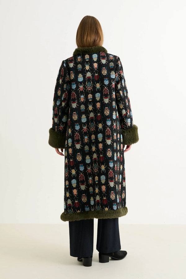 Delphia 70s Jacquard Fur Trim Coat