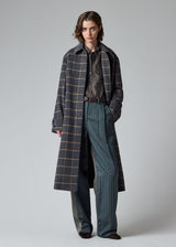 Navy and Grey Check Brushed Wool Coat with Back Buttons
