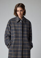Navy and Grey Check Brushed Wool Coat with Back Buttons