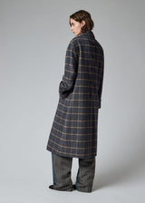 Navy and Grey Check Brushed Wool Coat with Back Buttons