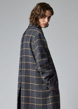 Navy and Grey Check Brushed Wool Coat with Back Buttons